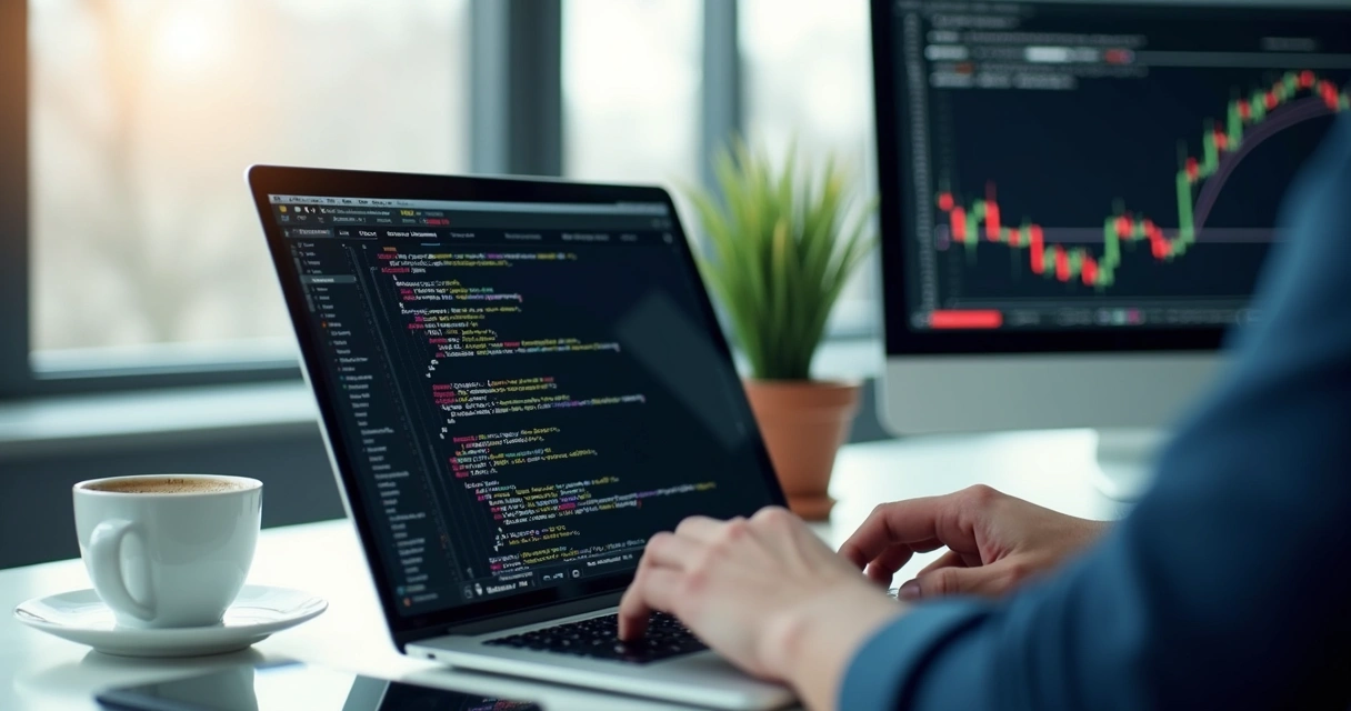 Desenvolvedor trabalhando em notebook com código-fonte de aplicativo para fintech na tela em ambiente moderno e luz natural