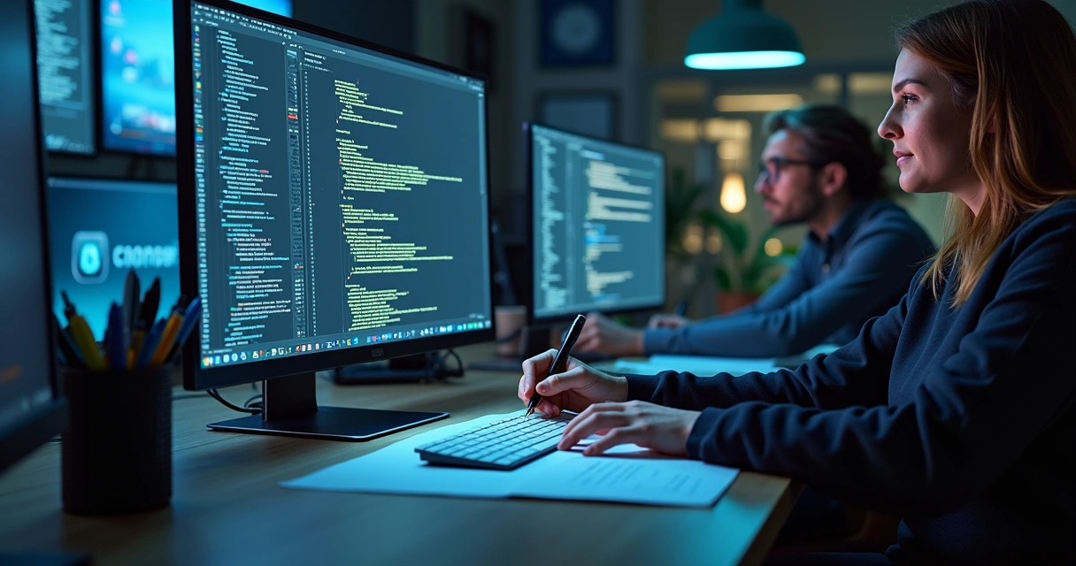 Mesa de escritório com equipe desenvolvendo software financeiro, telas exibindo códigos e gráficos financeiros