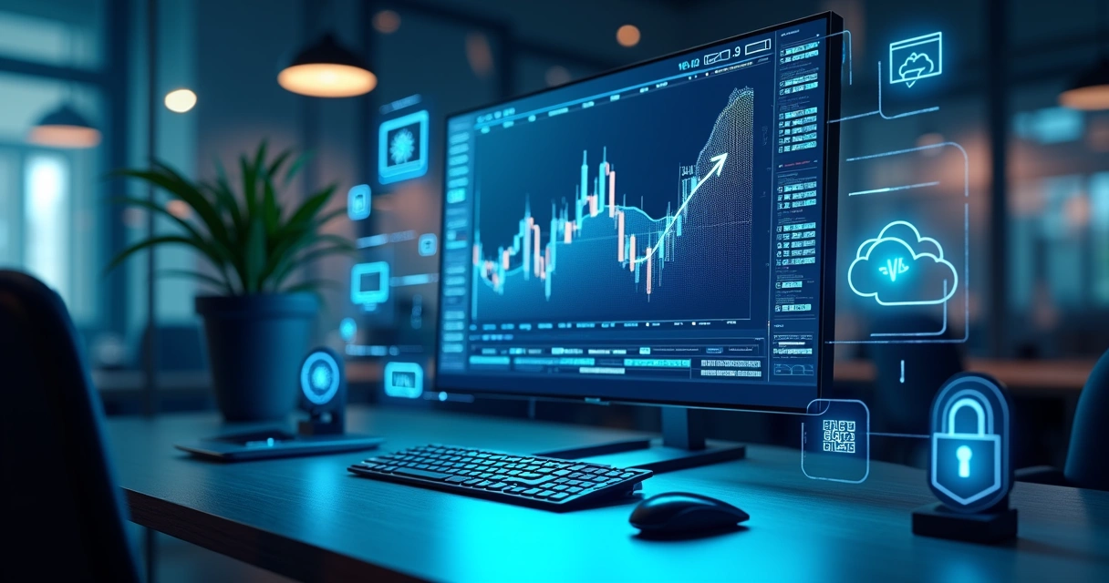 Computador com tela exibindo gráficos financeiros e transações digitais integradas a software modular para fintechs e bancos digitais