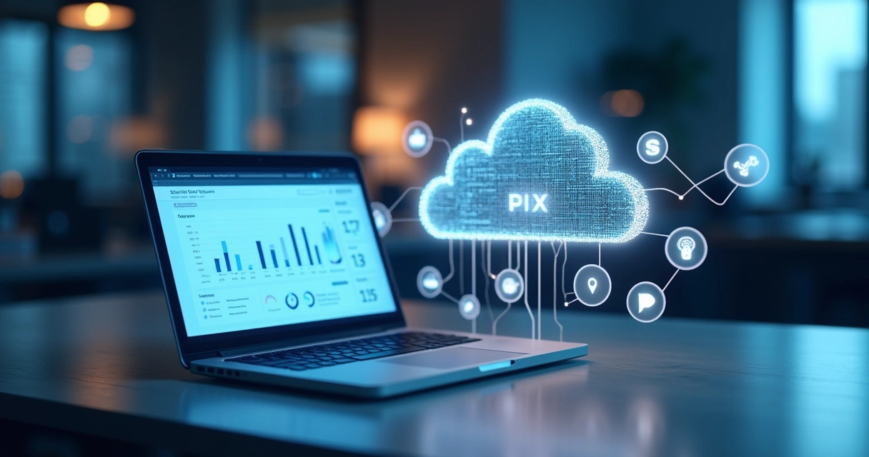 Mesa moderna com laptop exibindo dashboard financeiro, ícones de módulos digitais flutuando e nuvem digital ao fundo