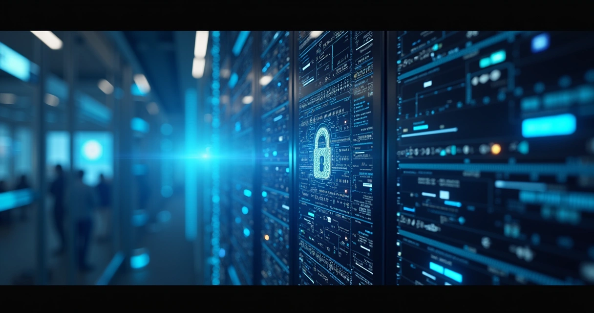 Infraestrutura digital de gateway de pagamento com servidores, códigos e ícones de segurança e integração financeira