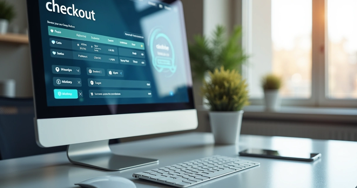 Tela de computador mostrando interface de checkout transparente com opções de pagamento como cartão, Pix e boleto, em ambiente moderno de escritório