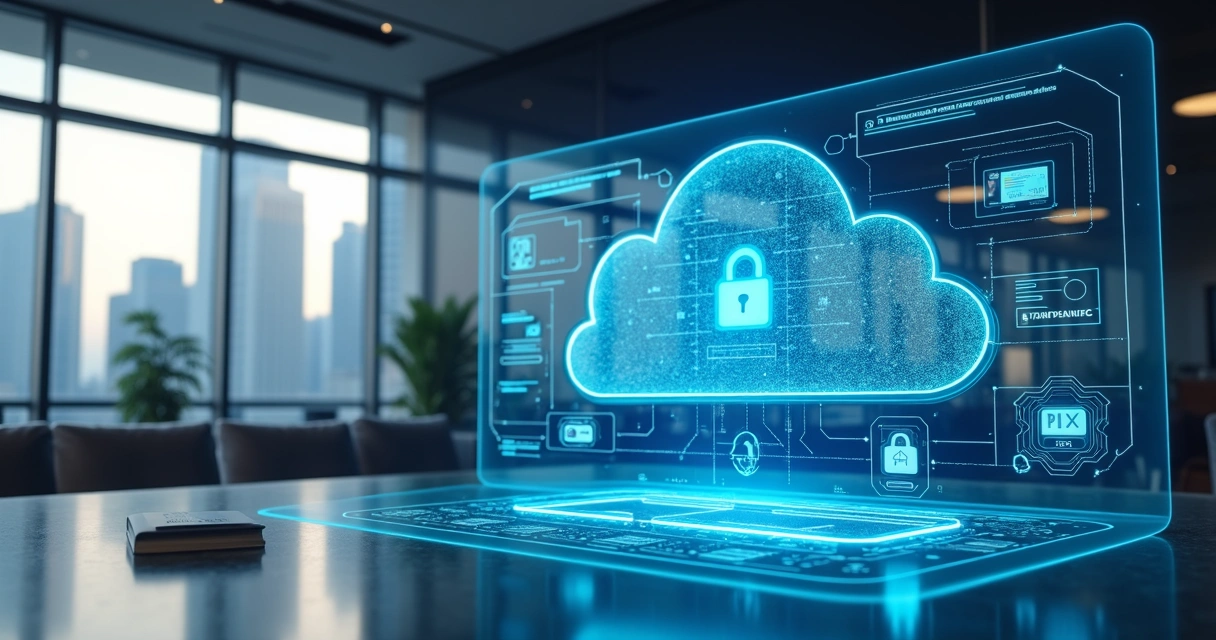 Tela de plataforma digital financeira modular mostrando módulos de software interligados em nuvem