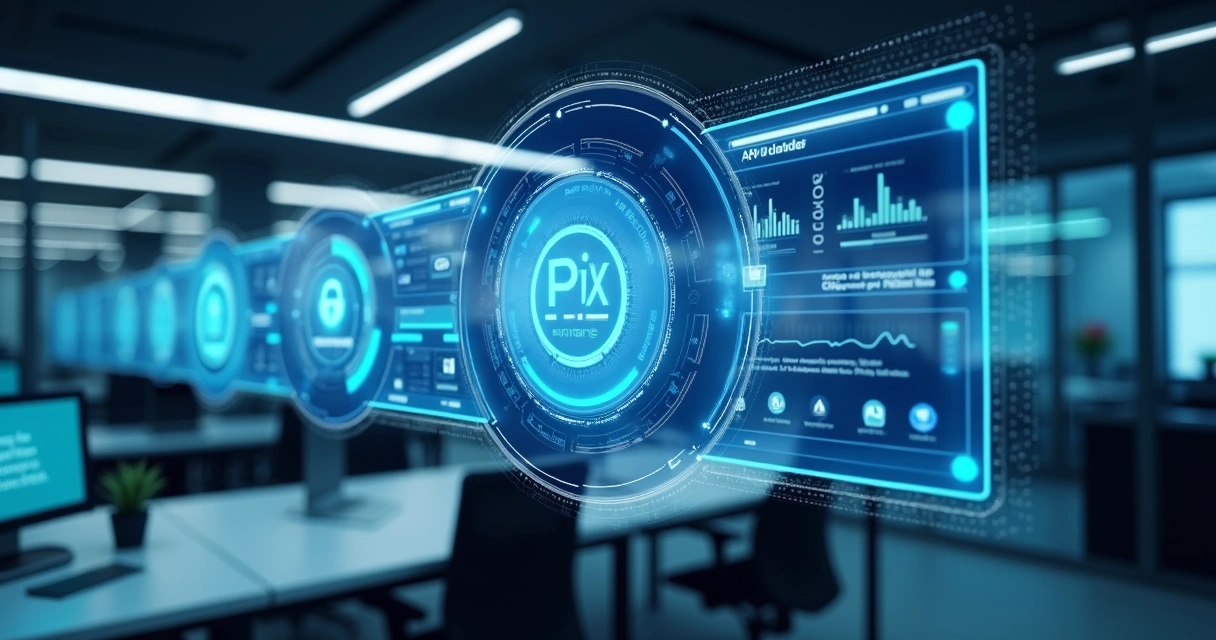 Interface digital mostrando plataforma financeira moderna integrada com Pix e APIs em nuvem