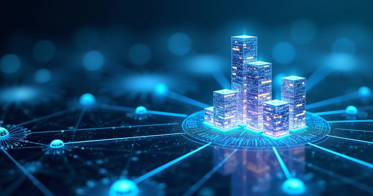 Ilustração de uma plataforma digital de operação financeira sem intermediários, com elementos de blockchain, gráficos de transações e rede P2P conectando empresas em fundo tecnológico