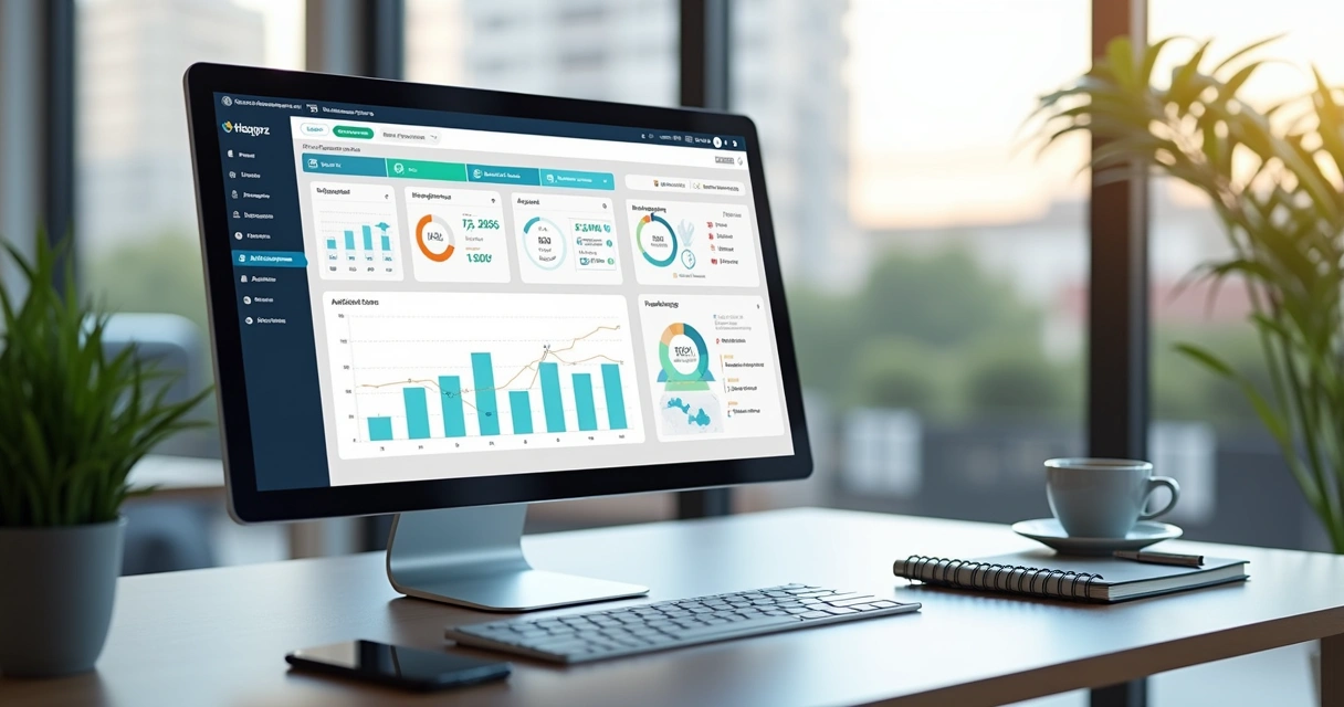 Tela de computador mostrando dashboard de software de pagamentos com gráficos e integração contábil