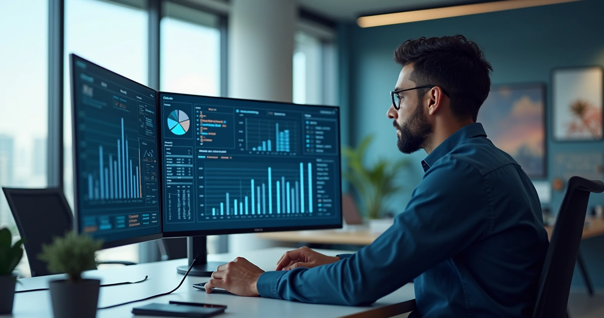 Profissional analisando dados financeiros e gráficos em múltiplas telas digitais
