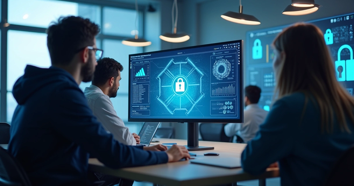 Desenvolvedores trabalhando em computador com interface de aplicativo financeiro segura e escalável na tela