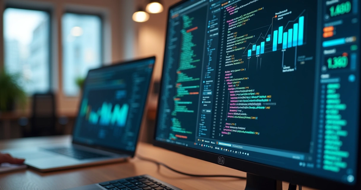 Tela de computador exibindo códigos de desenvolvimento de app financeiro com gráficos e ícones digitais ao fundo