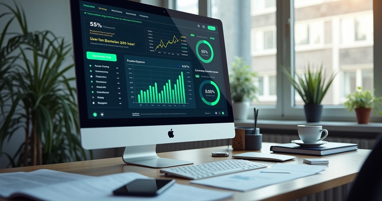 Computador mostrando interface de sistema financeiro com gráficos de controle de fluxo de caixa e alertas de erro