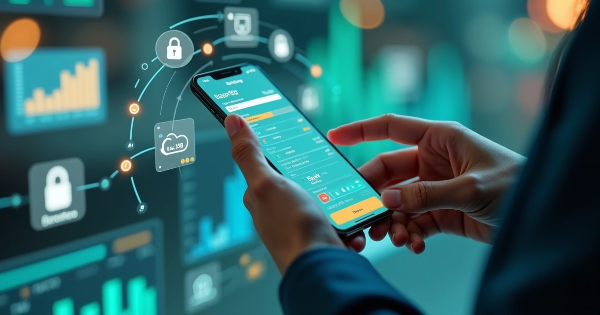 Fluxo de pagamento digital com dispositivos eletrônicos e gráficos financeiros ao fundo, representando gateway de pagamento