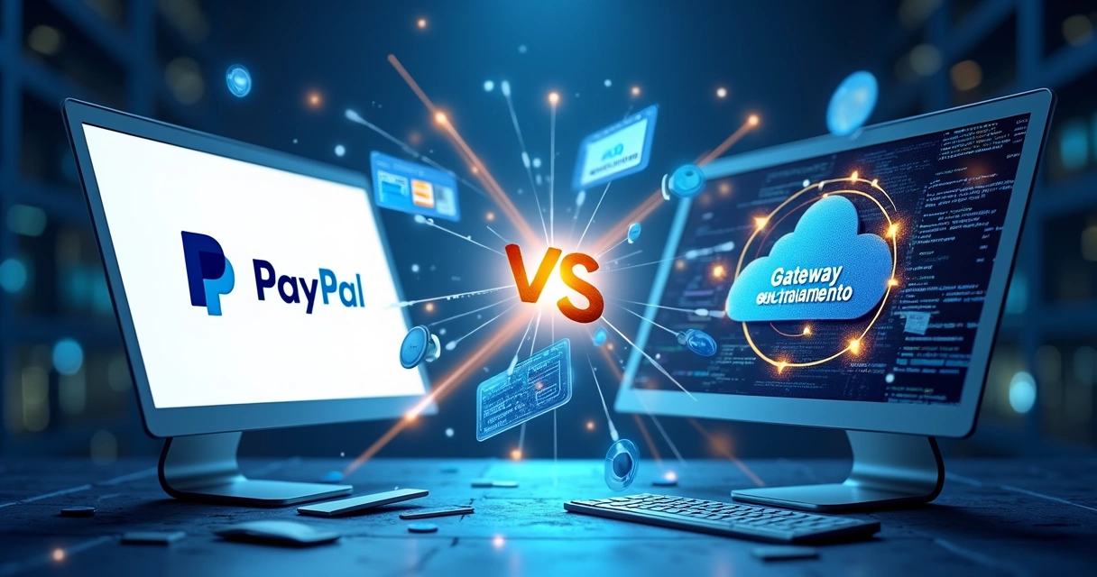 Comparação visual entre PayPal Gateway de pagamento e FinStack com elementos digitais e gráficos financeiros