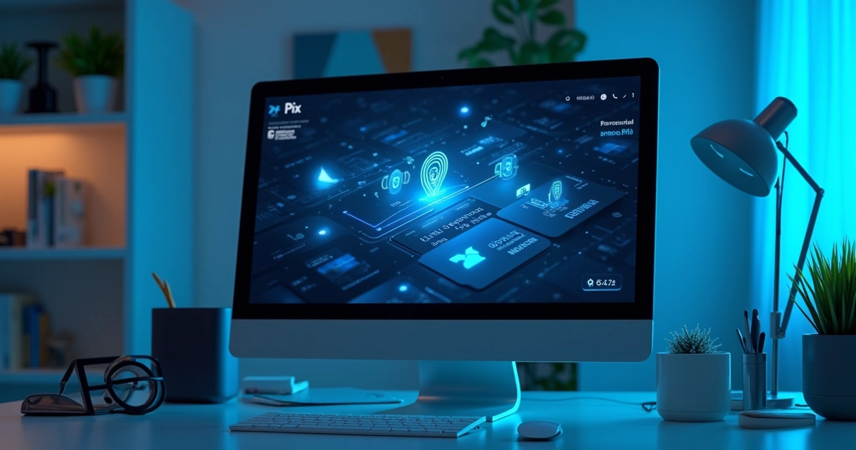 Computador moderno exibindo processo de pagamento digital com gráficos e ícones de cartão, Pix e segurança digital