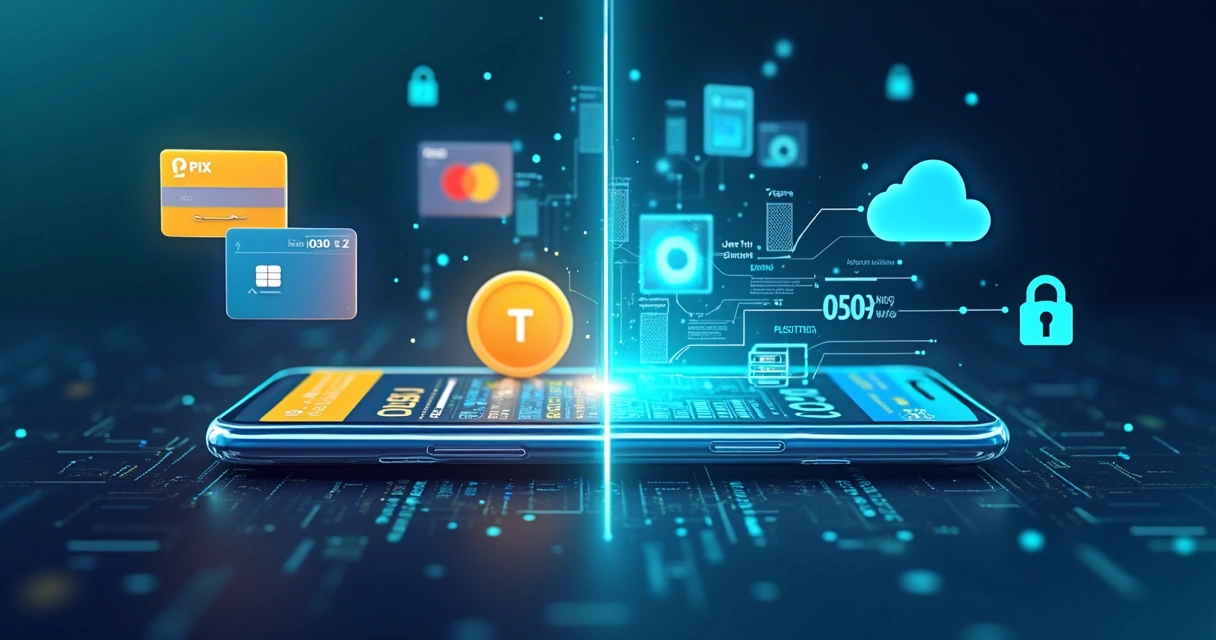 Interface digital ilustrando comparação entre gateways de pagamento Mercado Pago e FinStack com gráficos, ícones de segurança e integração com Pix e cartões