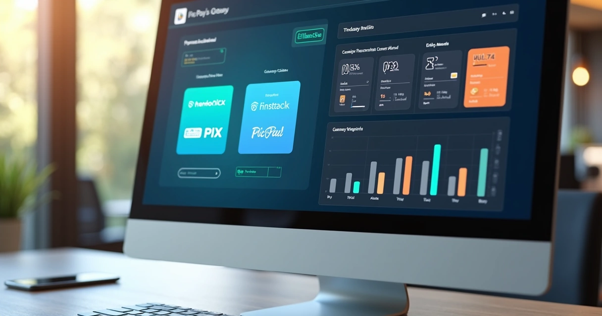 Comparação de duas interfaces de gateway de pagamento em uma tela digital com gráficos, ícones de cartões e Pix