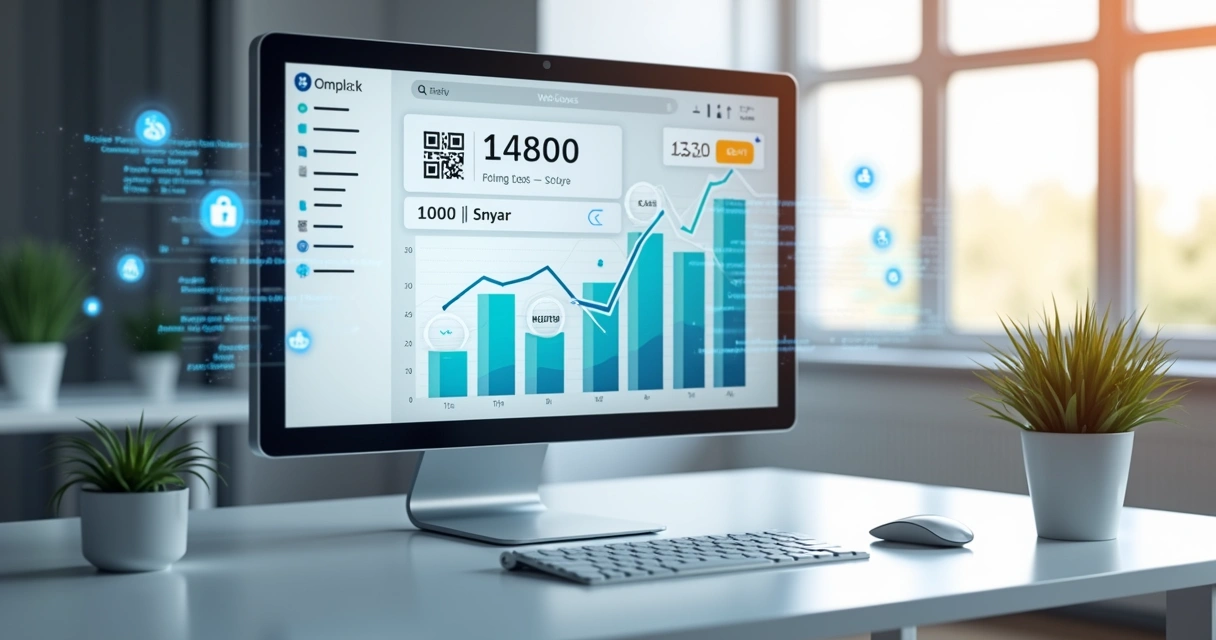 Representação digital de uma tela com gráficos financeiros, QR code dinâmico e ícones de segurança como cadeado e tokens