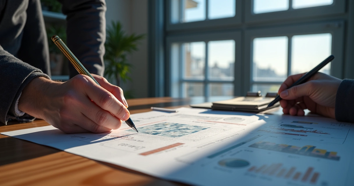 Ilustração detalhada de equipe planejando custos de sistema financeiro em escritório moderno