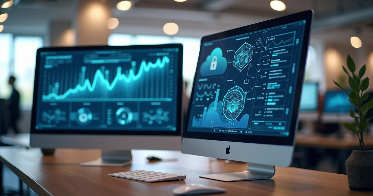 Computadores em mesa interagindo com telas digitais de banco online, gráficos financeiros e integração via APIs
