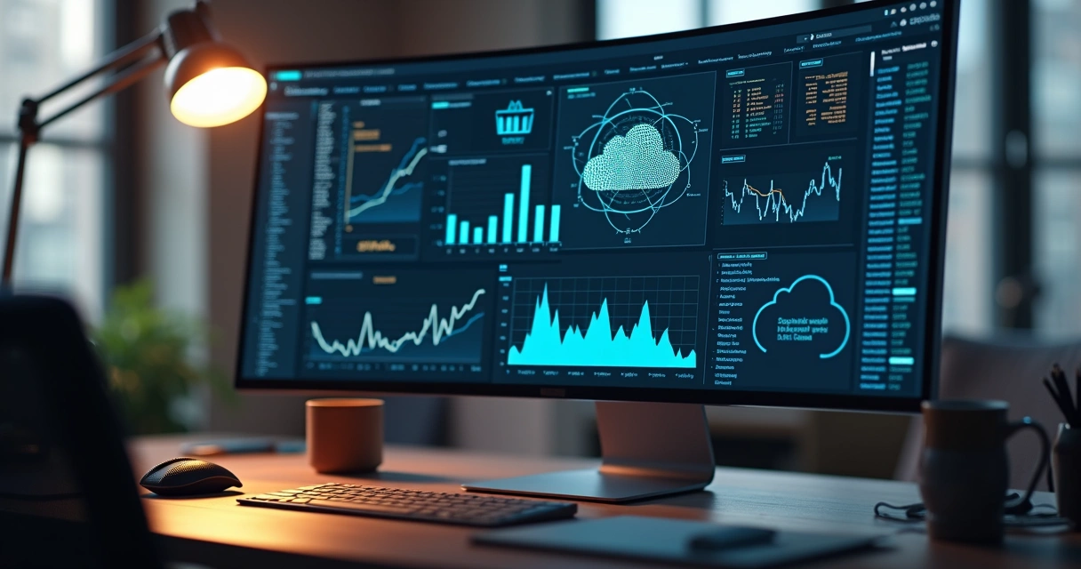 Tela de computador mostrando dashboard de plataforma financeira personalizada com gráficos, códigos e módulos de software integrados em nuvem