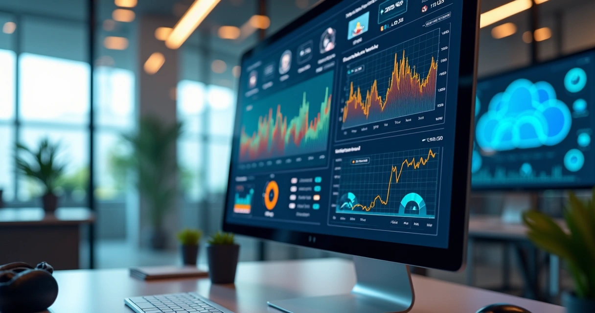 Interface de plataforma digital mostrando dashboards financeiros e ícones de inteligência artificial e pagamentos instantâneos