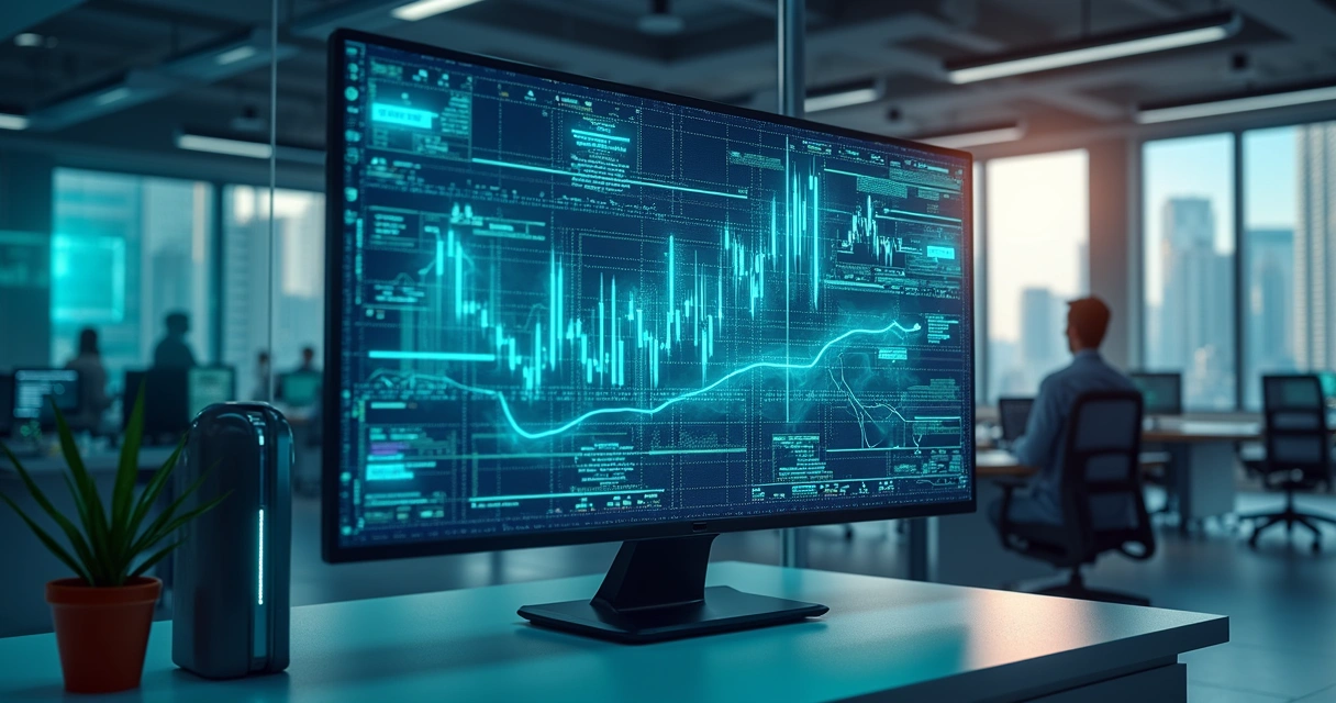 Painel de controle digital com gráficos financeiros e dados em tela moderna