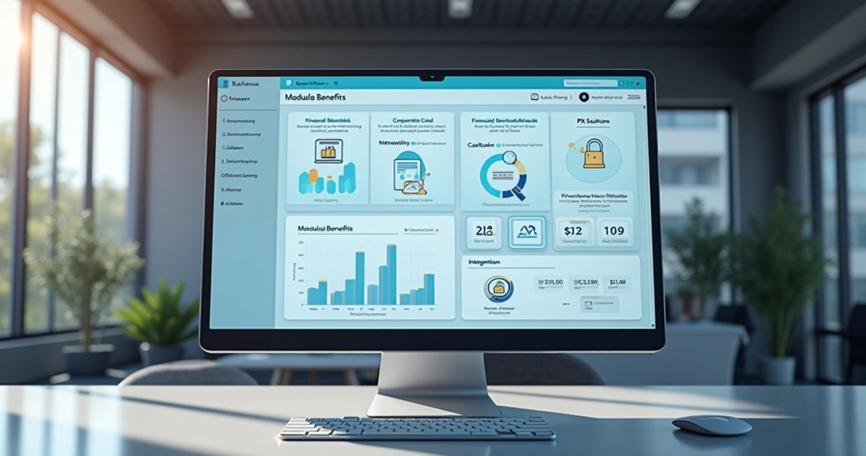 Interface digital mostrando painel modular de software de benefícios com gráficos e ícones de segurança e integração