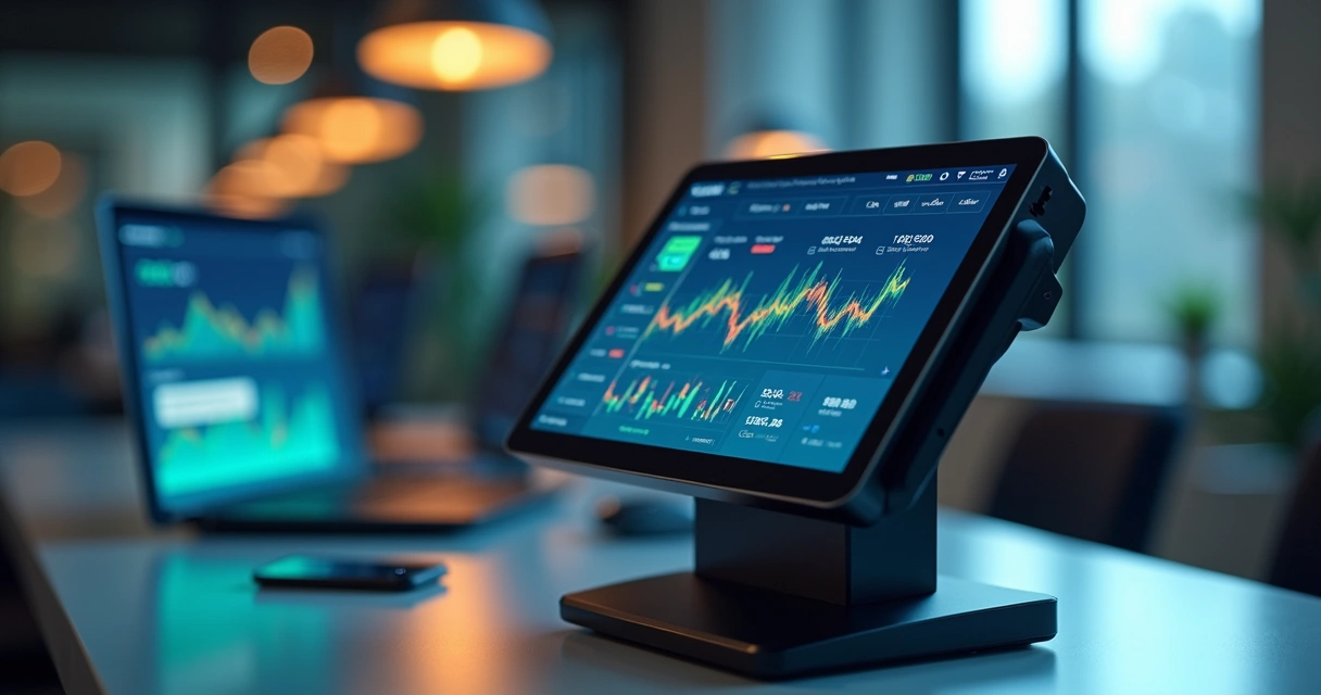 Terminal de pagamento digital moderno com interface touch e gráficos financeiros na tela