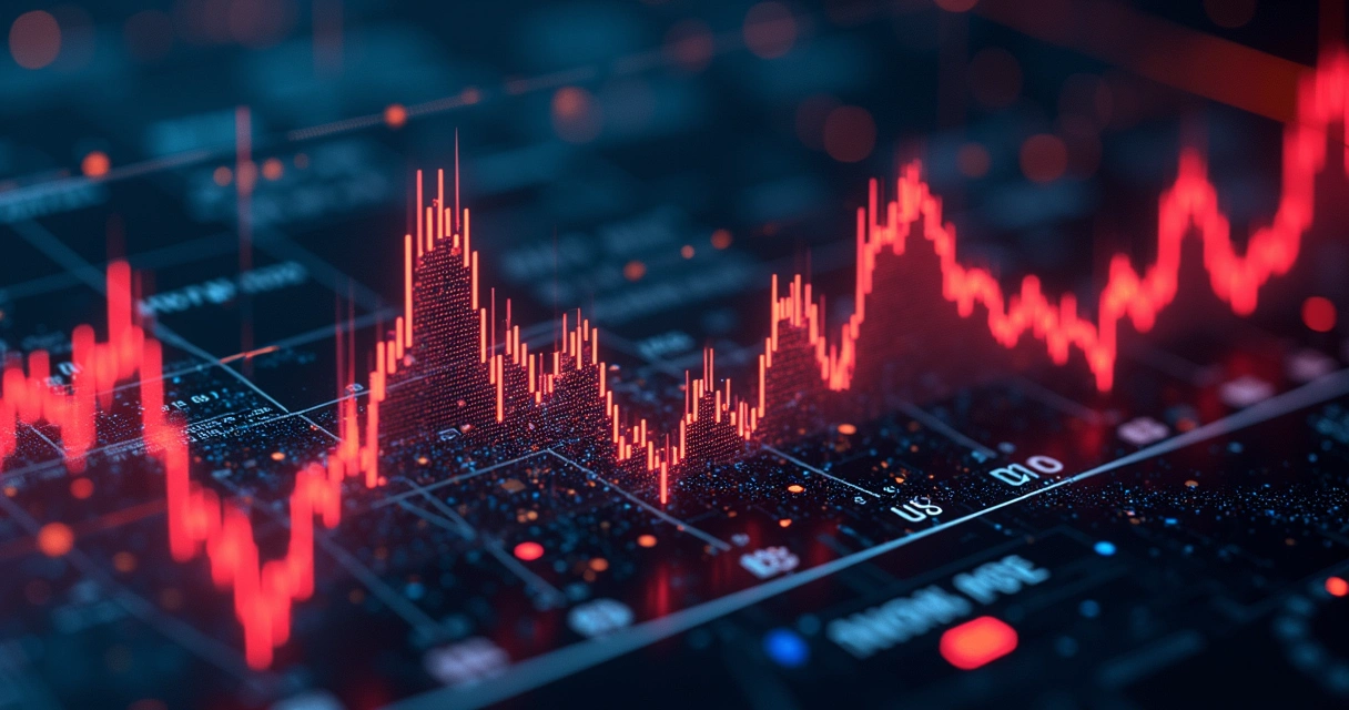 Tela de computador exibindo gráficos detalhados de análise de taxas financeiras com ícones de cartões e moedas ao redor