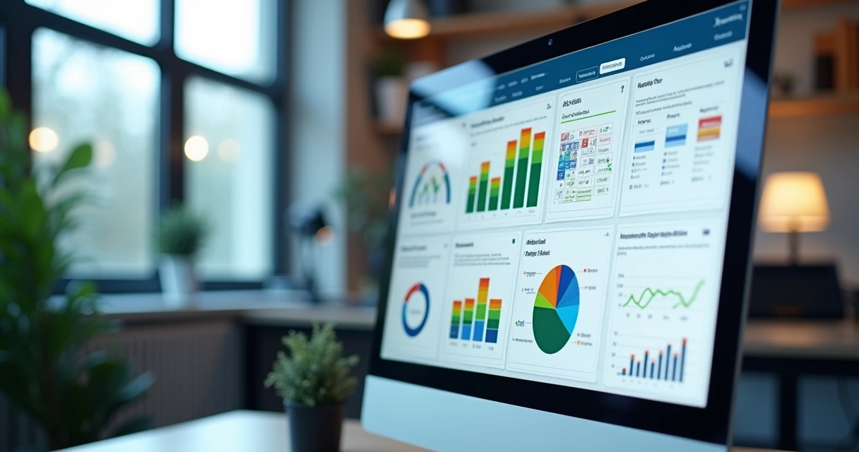 Tela de computador exibindo dashboard financeiro com gráficos, tabelas e ícones de módulos de software financeiro integrados