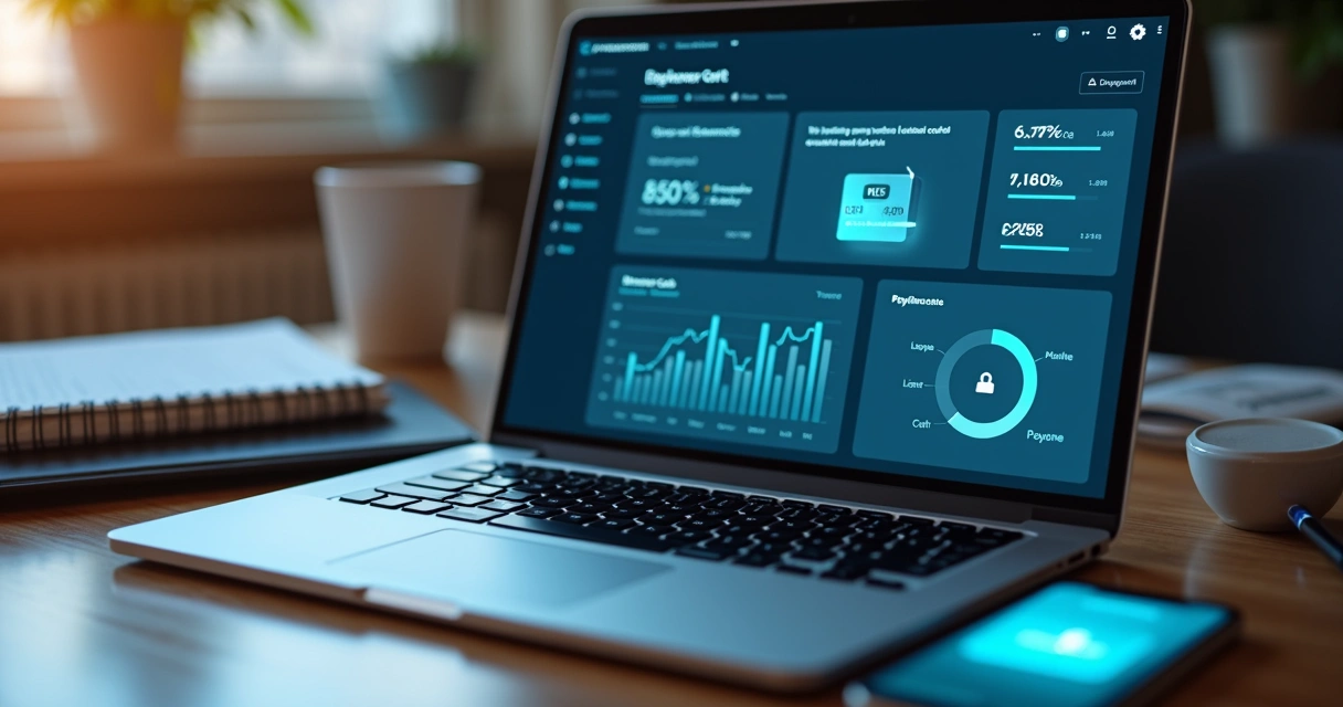 Mesa de escritório com laptop aberto mostrando painel financeiro digital, cartão virtual ao lado e gráficos de controle de limite de pagamento na tela