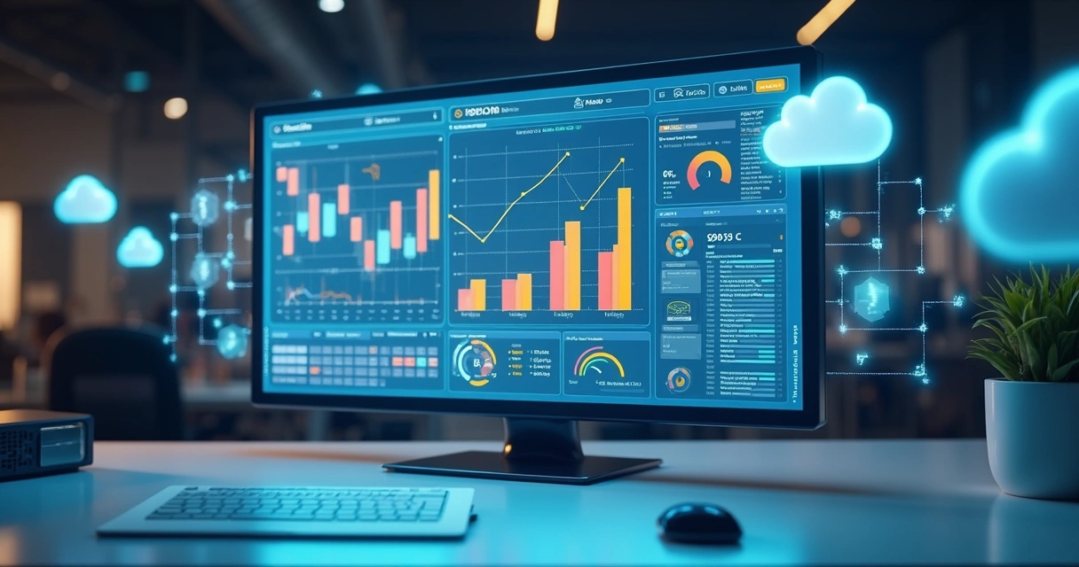 Interface de software financeiro personalizado com gráficos, dados e controles em tela digital