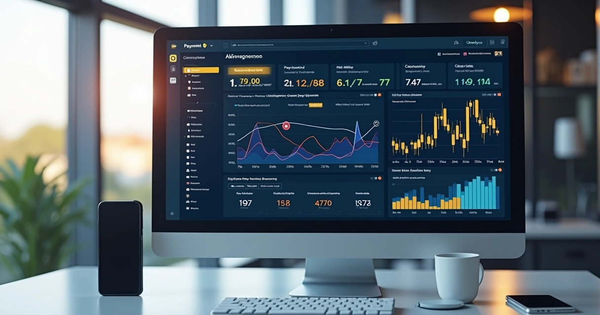Computador exibindo painel digital de gateway de pagamento com gráficos e conexões de rede