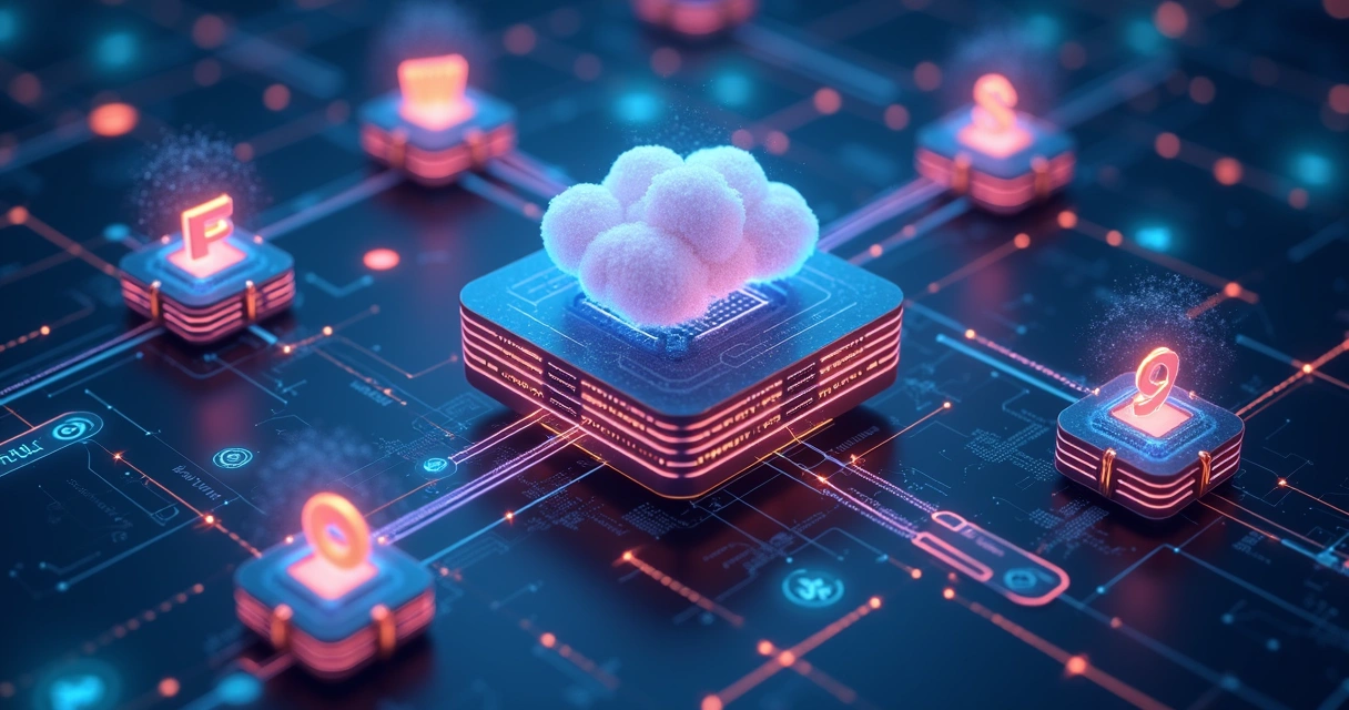 Esquema digital de infraestrutura modular para fintechs com múltiplos conectores, nuvem e fluxos financeiros