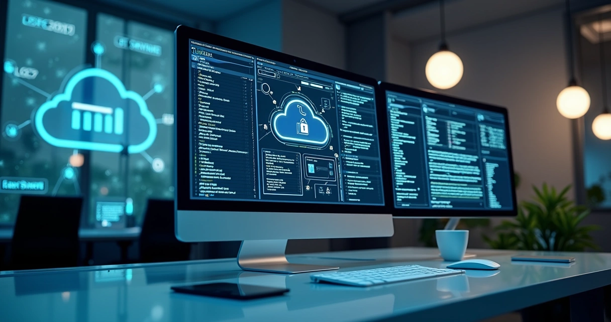 Interface digital exibindo integração de componentes financeiros como APIs de pagamentos, PIX, cartões e contas digitais em um computador moderno
