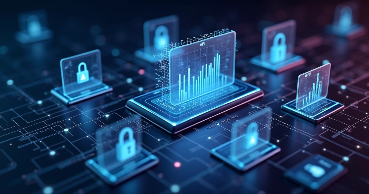 Ilustração de conexão modular entre diversos componentes digitais sobre fundo escuro com grafismos financeiros