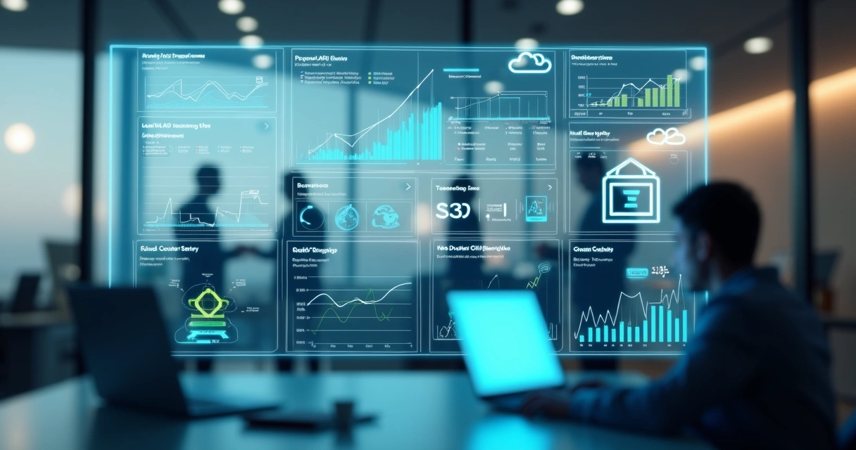 Interface digital exibindo painel modular de core banking com gráficos e widgets financeiros