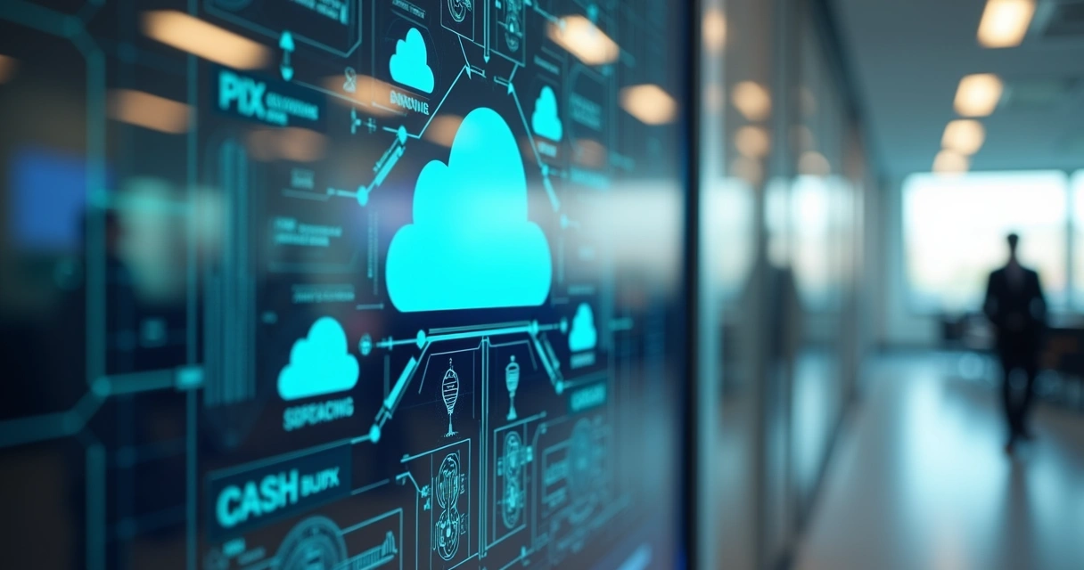 Interface digital com módulos de software financeiro prontos integrados em nuvem, com gráficos e ícones de bancos e transações