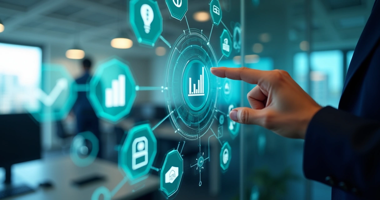 Visão detalhada de módulos de software financeiro em interface digital com gráficos e ícones financeiros