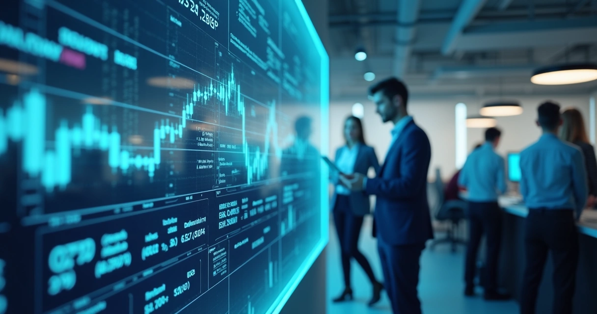 Tela com gráficos financeiros detalhados e ícones de pagamento digital em ambiente corporativo moderno