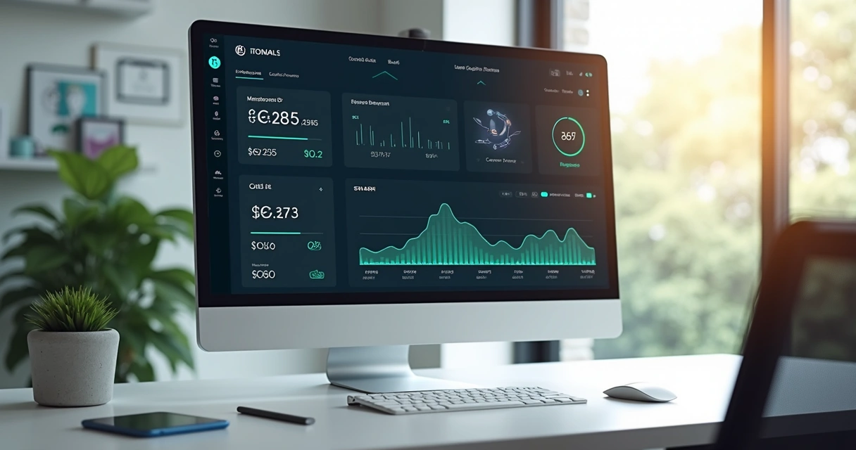 Tela de computador mostrando dashboard financeiro com gráficos, ícones de cartão, PIX, boleto e símbolos de redução de custos