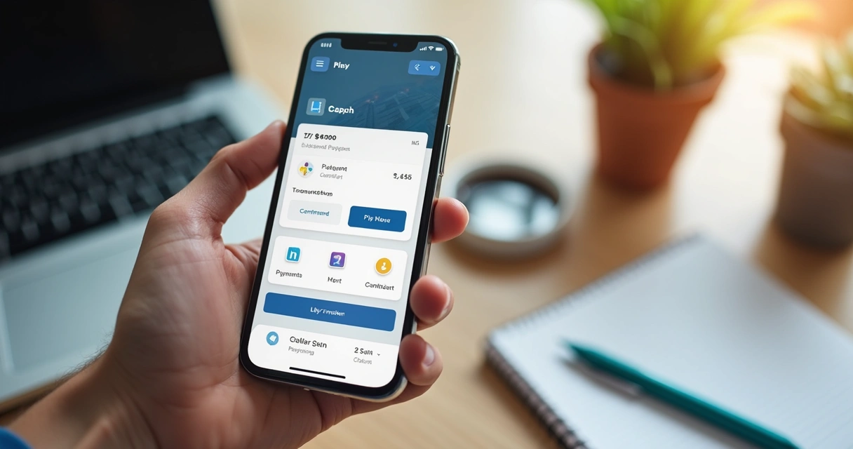 Pessoa usando smartphone para realizar transferência via Pix com interface digital moderna